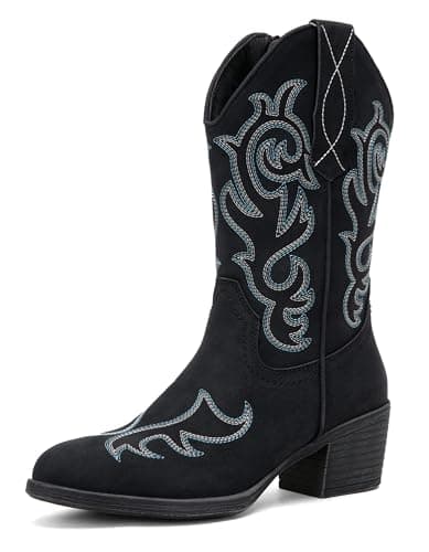 Vepose Women’s Black Cowboy Mid Calf Boots, Cowgirl Western Embroidered Chunky Low Heel 9800 Boots with Zipper, Size 7M US, (CJY9800 Black 07) - Image 1