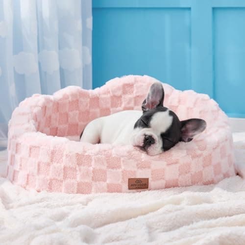 Joydeco Cloud Dog Bed for Small Dogs & Cats, Washable Pet Bed with Orthopedic Foam and Removable Checkered Plush Pad, Non-Slip Bottom for Indoor Puppies and Kittens, 27x24 Inch, Pink - Image 1
