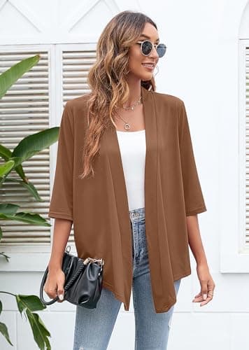 Heymoments Cardigan for Women Deep Coffee Medium Draped Open-Front 3/4 Sleeve Lightweight Casual Soft Drape Summer Fall Kimonos Cardigans - Thumbnail 4
