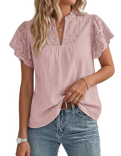 GRACE KARIN Lace Short Sleeve Tops Flowy Summer,Dressy Casual Cotton Blouses Ruffle,V Neck Dress Shirts Trendy Clothing 2026 Dusty Pink - Image 1