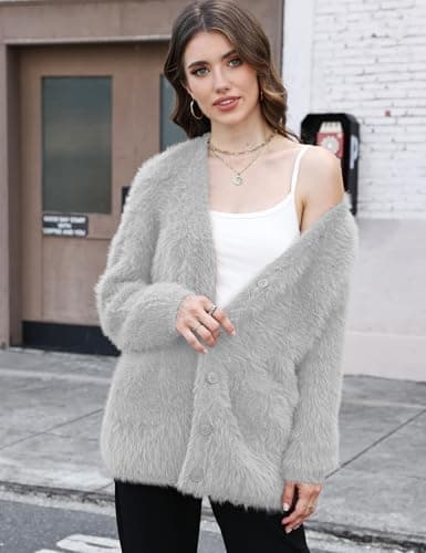 Women's Fuzzy Cardigan V Neck Long Sleeve Button Down Slouchy Furry Sweaters Chunky Knit Mohair Sweater Coat(Grey-S) - Thumbnail 6