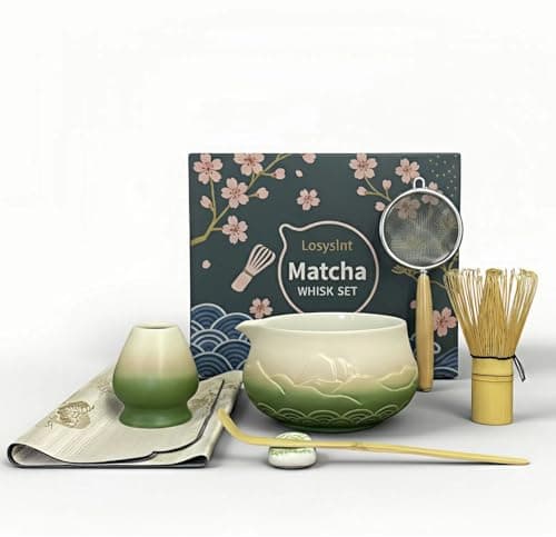 Losyslnt 7 Pcs Matcha Whisk Set - Complete Matcha Kit Set Includes Matcha Bowl with Spout, Bamboo Whisk with Holder, Scoop, Sifter, Scoop Holder, Tea Towel - Ideal Gift for Matcha Lovers (B-Green) - Image 1