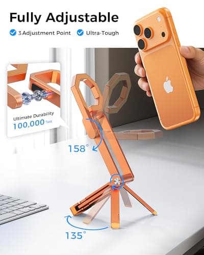 LULULOOK Rugged Magnetic Phone Tripod Stand for iPhone/Pixel 10 - Portable Strong Magnetic Phone Holder for Magsafe - Tripod Mount for iPhone 13/14/15/16/17 Pro Max & Air (Orange) - Thumbnail 5