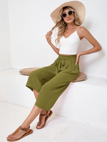 Moodclo Capri Pants for Women Army Green Medium High Waisted Wide Leg Casual Lounge Pant Summer Adjustable Knot with Pockets - Thumbnail 3