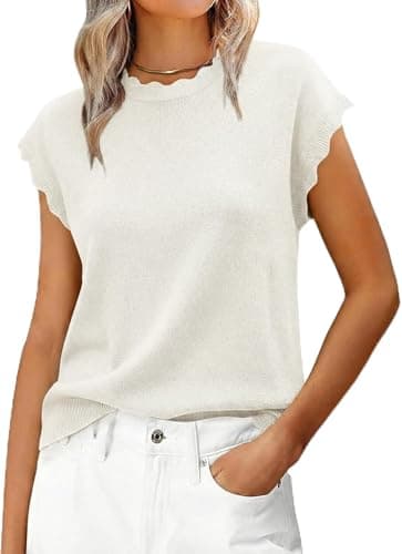 Jenisso Women Summer Sweater Cap Sleeve Lightweight Pullover Soft Knit Top with Scallop Wavy(White,XL) - Image 1