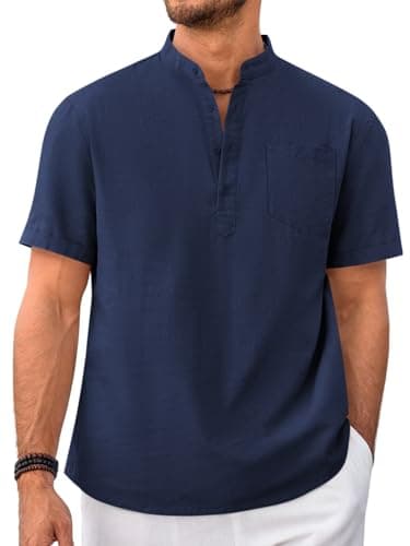 Beotyshow Men Linen Shirt V Neck Banded Collar Summer Shirts Big and Tall 100% Cotton Lightweight Shirts Navy XXL - Image 1