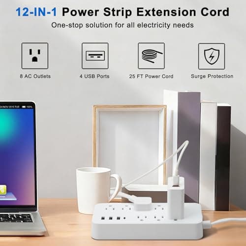 Flat Extension Cord 25 ft, Extra Long Cord Power Strip with 8 Outlets 4 USB Ports, Under Carpet, Multiple Outlets Overload Protection for Indoor, Home, Office, Dorm Room Essentials, White - Thumbnail 2