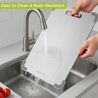 MOHUNIQ Stainless Steel Cutting Boards for Kitchen, Dishwasher Safe Steel Chopping Board, Double Sided Non Plastic Metal Cutting Board, 13.4" × 9.1" - Thumbnail 3