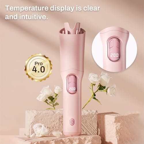UOEPOWA Automatic Rotating Wireless Curling Iron, USB-C Rechargeable, Negative Ion Ceramic, Anti-Burn & Anti-Tangle, Ideal Choice for Women, Space-Saving Portable Design for Home & Travel (Pink) - Thumbnail 5