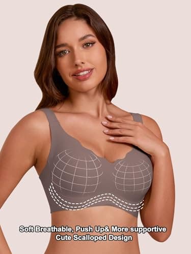 COCOMARTS Jelly Bras for Women No Underwire Seamless Push Up Scalloped Tshirt Bralettes Comfortable Wireless Everyday Bra Coffee Medium - Thumbnail 2