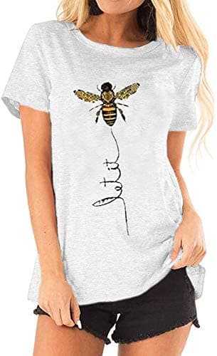 Pfvkeree Womens Cute Bee Graphic Tee Shirts Short Sleeve Let It Bee Funny Letter Print Summer T-Shirt Tops White - Thumbnail 2