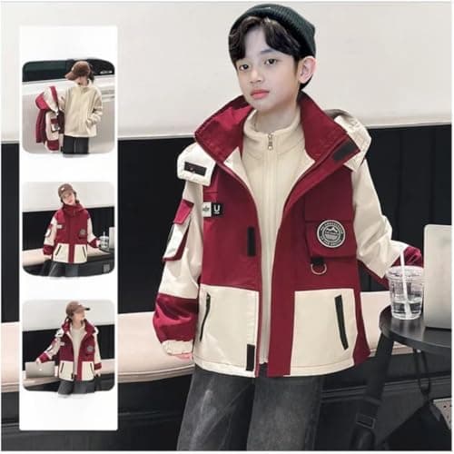 ELUCKFACE Kids Windproof 3-in-1 Winter Jacket, Hooded Water-Resistant Thick Coat with Detachable Fleece for Boys Girls Red 11-12 Years - Thumbnail 4