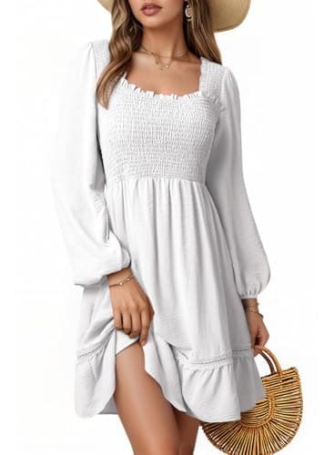 Dokotoo Womens Babydoll Dresses Square Neck Long Sleeve Knee Length Flowy Swing Shirring Mini Dresses Spring Dress Ruffle Flowy Tiered Lace Wedding Guest Dress White X-Large - Image 1