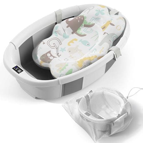 Collapsible Baby Bathtub - Large Baby Bath Tub with Thermometer & Cushion | Travel Portable Newborn Infant Bathtub | Foldable Toddler Bathtub for Baby 0 to 36 Months (Grey) - Image 1