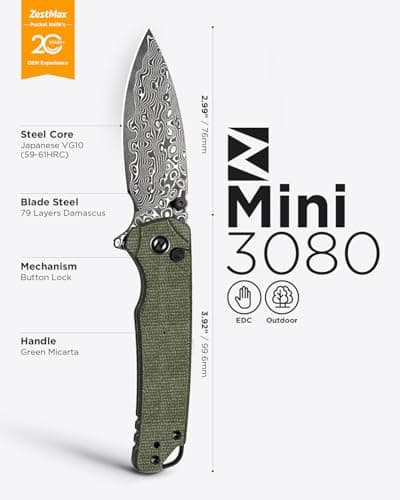 ZestMax Folding Pocket Knife, 2.99" Damascus Blade Micarta Handle Sharp Cool Small EDC Pocket Knives with Clip for Men Women Camping Hiking Survival Outdoor Mini 3080MG (Green) - Thumbnail 6