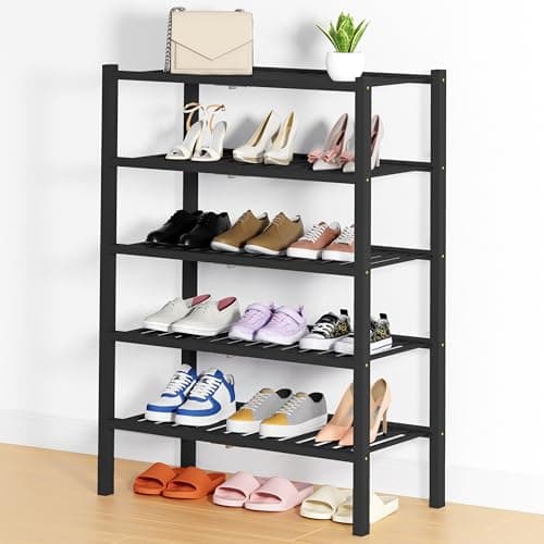 Smiry Shoe Rack, 5 Tier Thick Bamboo Shoe Organizer, Stackable Free Standing Wooden Shoe Storage Shelf for Closet, Entryway, Front Door Entrance, Black - Image 1