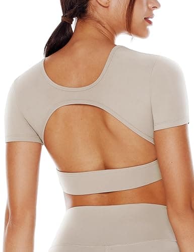 ENERBLOOM Open Back Workout Crop Tops for Women Backless Yoga Shirts Gym Short Sleeve Mild Support Compression Tee with Bra XX-Large Khaki - Image 1