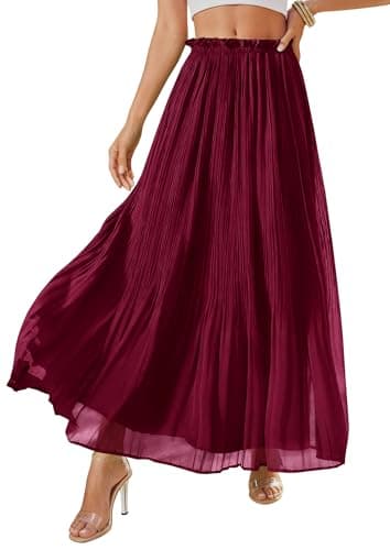 PRETTYGARDEN Long Skirts for Women Summer Vacation Outfits 2026 Spring Chiffon Elastic Waist Flowy A-Line Pleated Midi Skirt(Wine Red,Small) - Image 1