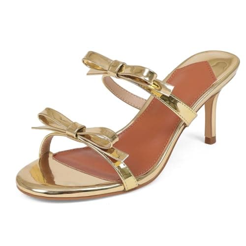 CYNLLIO Gold Bow Tie Kitten Heels for Women Two Strap Round Open Toe Sandals 2.9 Inch Stiletto Heeled Slides Backless Dressy Party Shoes Size 9 - Image 1