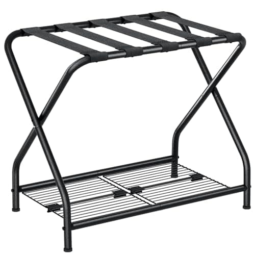 NEFROM Luggage Rack with Storage Shelf, Foldable Suitcase Stand, Heavy Duty Metal Luggage Holder, 150 lbs Top Capacity, 50 lbs Bottom Shelf, for Guest Room, Bedroom, Hotel LR-BK-1 - Image 1