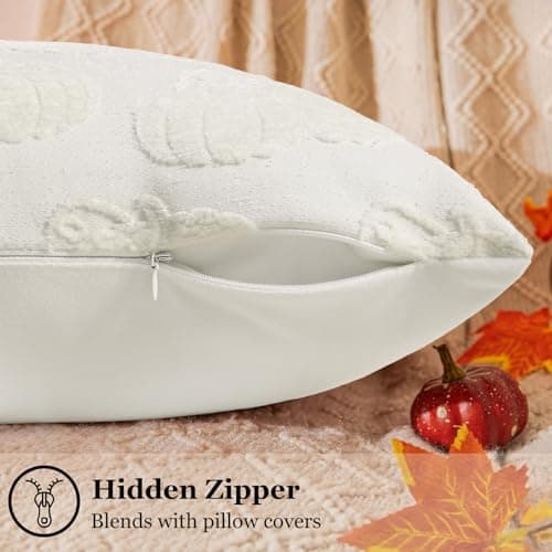 decorUhome Decorative Two Cream White Pumpkins Thanksgiving Throw Pillow Covers 18x18 Set of 2, Soft Chenille Jacquard Farmhouse Textured Pillow Covers for Couch Sofa Autumn Harvest Halloween Holiday - Thumbnail 3