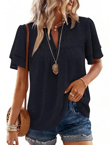 Bellcoco Summer Tops for Women Boho Butterfly Short Sleeve V Neck Blouses Swiss Dot Shirts Dressy Casual Flowy Outfits 2026 Navy Blue XXL - Image 1