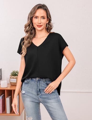 Totatuit Women's Sexy Deep V Neck Oversized Tunic Top Cap Sleeve Loose Fit T Shirts for Summer Dressy Casual Business Tops Low Cute Tee Black Medium - Thumbnail 2