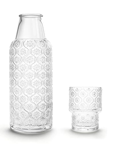 DmmyAlzx Bedside Water Carafe and Glass Set, 20.5oz Glass Pitcher with 6oz Tumbler Lid, Nightstand Water Container & Mouthwash Dispenser for Bedroom & Bathroom, Daisy-Pattern - Image 1