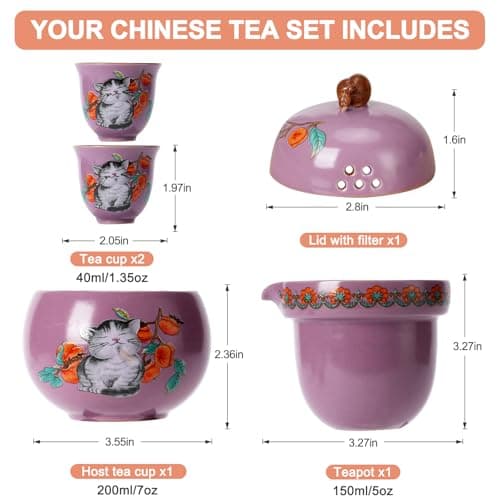 Mini Tea Cups,Cute Lucky Cat Cups,Small Tea Mugs,Porcelain Gongfu Tea set with 3 in 1,Tea Sets for Adults,Ceramic Tea Infuser Cup for Loose Leaf for Women/Tea Lovers/Birthday/Valentine's Day (Purple) - Thumbnail 6