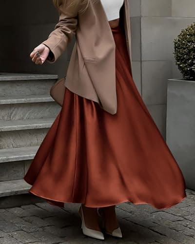 BTFBM Satin Skirts for Women Spring Fashion 2026 Elegant Flowy A-Line Cocktail Formal Silk Maxi Skirt Night Out Outfits(Brown, Medium) - Thumbnail 5