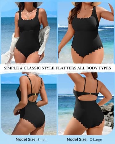 Charmo Womens Scalloped Ribbed One Piece Swimsuits Retro Square Neck Modest Bathing Suits Black M - Thumbnail 5