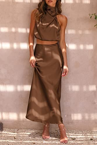 PRETTYGARDEN Women's 2 Piece Satin Outfits Summer Sleeveless Mock Neck Crop Tops and Long Skirt Dress Sets (Khaki,X-Large) - Thumbnail 3
