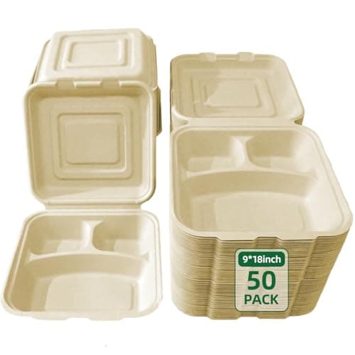 Clamshell Take Out Food Containers - 9x8 Inch Takeout Lunch Box Containers To Go Take Out Clamshell for Food, leftover containers with lids,Disposable Eco-Friendly Biodegradable, PFAS-Free (50) - Image 1