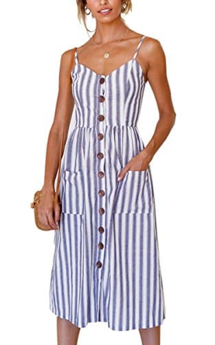 Angashion Women's Dresses-Summer Floral Bohemian Spaghetti Strap Button Down Swing Midi Dress Blue Striped M - Image 1