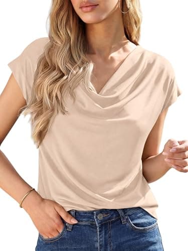 BTFBM Cowl Neck Tops for Women 2026 Spring Womens Tops Dressy Casual Business Blouses Short Sleeve Shirts Summer Outfits(Apricot, X-Large) - Image 1