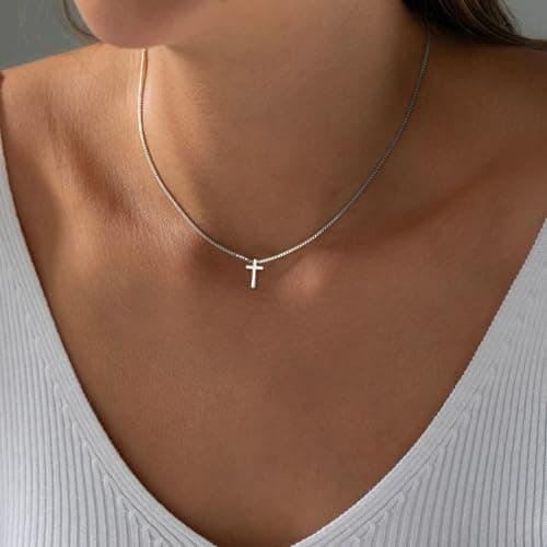 Dodder Silver Cross Necklace for Women Trendy, 14K White Gold Plated Sideway Charm Choker, Religious Faith Cross Pendant Necklace Dainty - Thumbnail 4