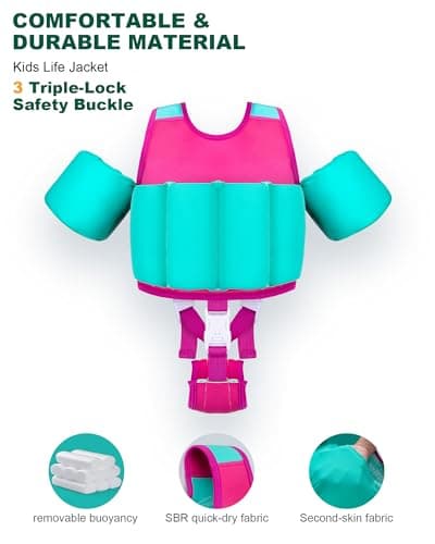 AEOCOO Kids Pool Floaties 1-2-3-5-7-9 Years Old, Toddler Swim Vest 20-30-50-70 Pounds, Comfortable Extended Wear Kids Float Jacket with Crotch Strap, Bright Design and Unpadded Sides, Pink - Thumbnail 3