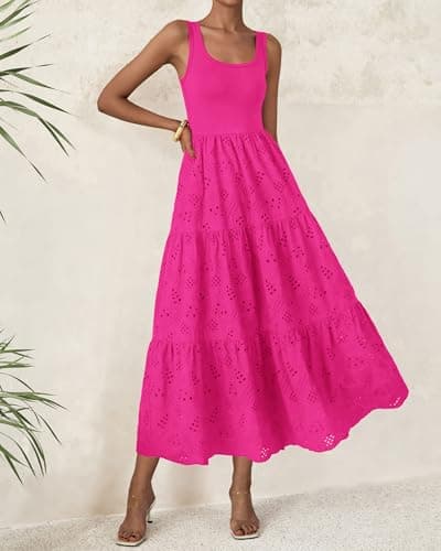 BTFBM Women Summer Eyelet Midi Dresses Casual Spring 2026 Sleeveless A Line Flowy Vacation Beach Wedding Guest Sun Dress(Hot Pink, X-Large) - Thumbnail 2