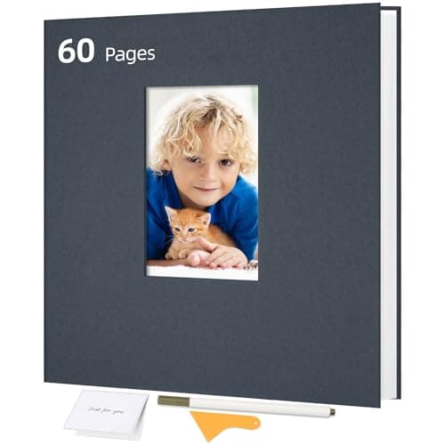 Remowith Large Self Adhesive Photo Album Scrapbook with Window Linen Cover, 60 Pages for 4x6 5x7 8x10 Photos, Family Baby Wedding Memory Book, Gray Blue 11x10.6 inch - Image 1