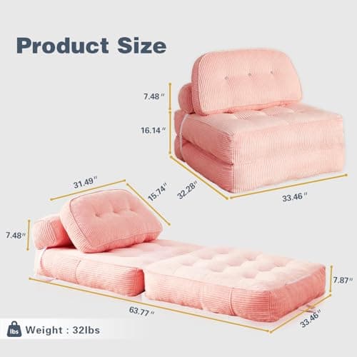 NESLAKO Folding Sofa Bed, Flannel Futon Couch Bed with Pillow and Blanket, Convertible Sleeper Chair for Living Room Bedroom, Pink - Thumbnail 2