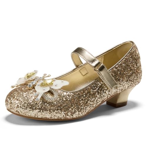 PATPAT Girls Dress Shoes Size 1 Big Kid, Gold Glitter Shoes with Butterfly Hair Clips, Sequins Rhinestones Bowknot Princess Low Heels Mary Jane Footwear Heels for Girls Dress Up - Image 1