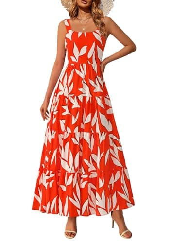PRETTYGARDEN Women's 2026 Summer Floral Maxi Dress Sleeveless Smocked Ruffle Long Flowy Beach Vacation Boho Sundresses (Floral Orange Beige,XX-Large) - Image 1