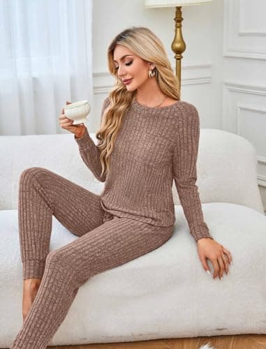 JUSTFASHIONNOW 2 Piece Outfits for Womens Long Sleeve Pajamas Set Ribbed Knit Lounge Sets Cozy Sweater Jogging Set Loungewear Sweatsuits with Pockets Coffee S - Thumbnail 5