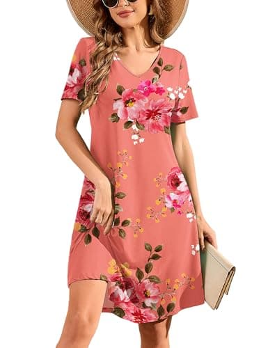 DEARCASE Women's Short Sleeve Casual Sweater Tunic Dress V-Neck Loose Boho Knee Length Fall Summer Petite Stretch A-Line Wedding Guest Flowy Swing Tshirt Dresses Honey Powder Flower XX-Large - Image 1