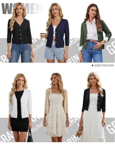 GRACE KARIN Women Cropped Lightweight Cardigan, Business Casual 3/4 Sleeve Button Up Shrugs Vacation Outfits Beige - Thumbnail 5