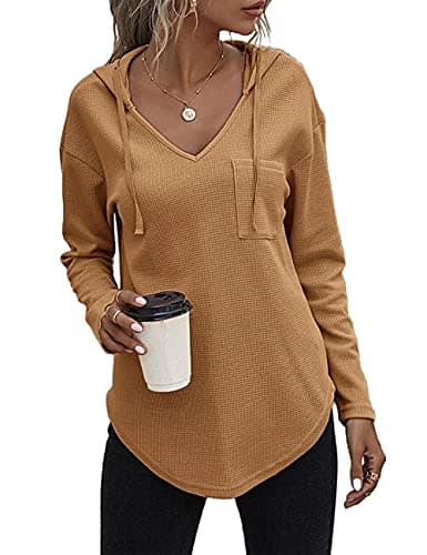 morhuduck Women's V Neck Hoodies Long Sleeve Sweatshirt Drawstring Pullover Tops with Pocket (Camel L) - Image 1