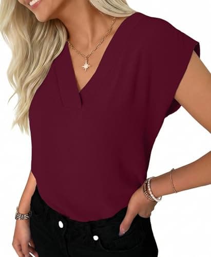 GKBK Women Tops Cap Sleeve Textured Dressy Casual V Neck Shirts 2026 Summer Business Work Blouses Outfits Burgundy S - Image 1