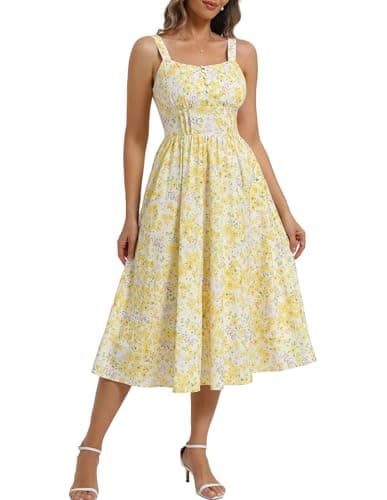 Belle Poque 2026 Summer Yellow Floral Dress for Women Sleeveless A-line Sundress Elegant Midi Flowy Beach Dress Small - Image 1