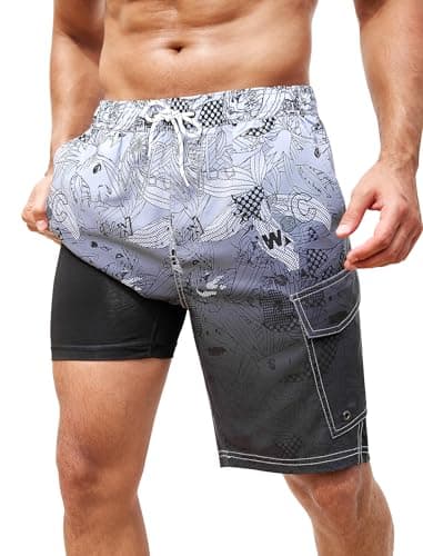 SILKWORLD Mens Swim Trunks 9 Inch Bathing Suits Quick-Dry Beach Swimwear with Compression Liner and Cargo Pockets, Gradient Black Grey Flower, Small - Image 1
