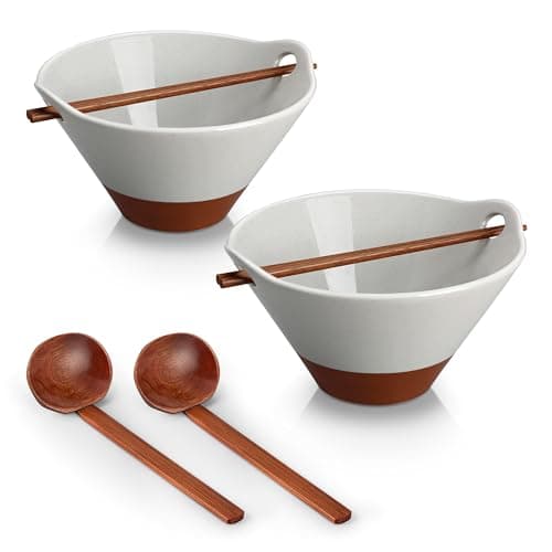 MALACASA 42 oz Ceramic Ramen Bowl Set with Wooden Spoon & Chopsticks, Japanese Style Soup Bowls for Ramen, Pho, Noodles – Set of 2, Microwave & Dishwasher Safe, Series TARA (Gray and Khaki) - Image 1